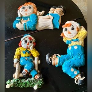 3 VTG Plastic Raggedy Ann & Andy Wall Hanging Decor Bobbs-Mellill Co. 1977